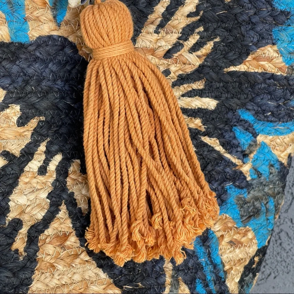 Woven Straw Tote Bag with Blue Floral Print and Tassel